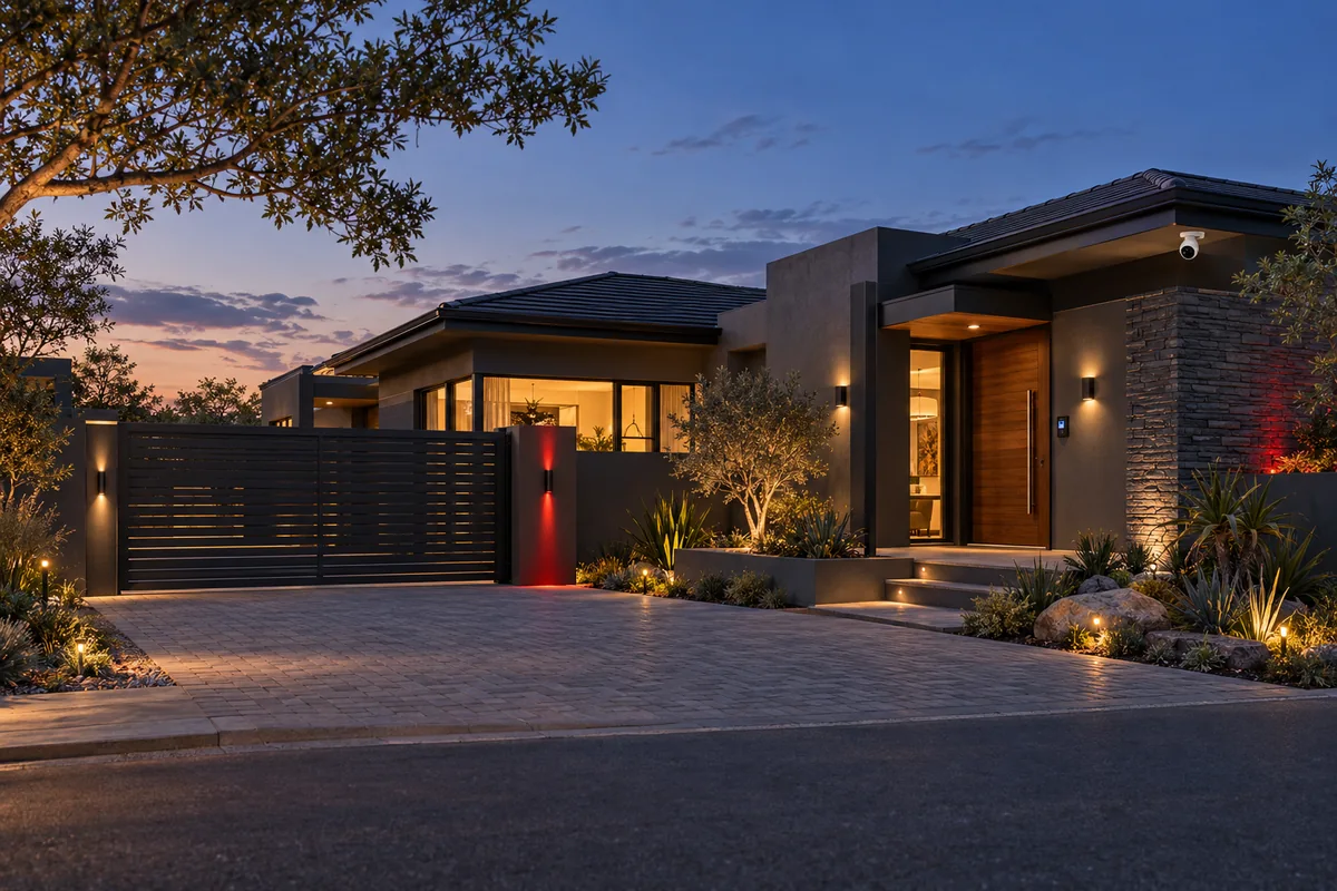 Illustrative modern home at dusk, showing an entrance, driveway and discreet security equipment